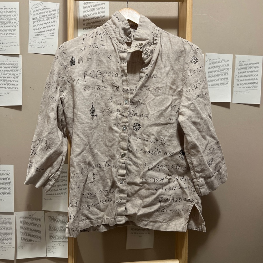 Vintage Beige Long Sleeve Button Down with Print